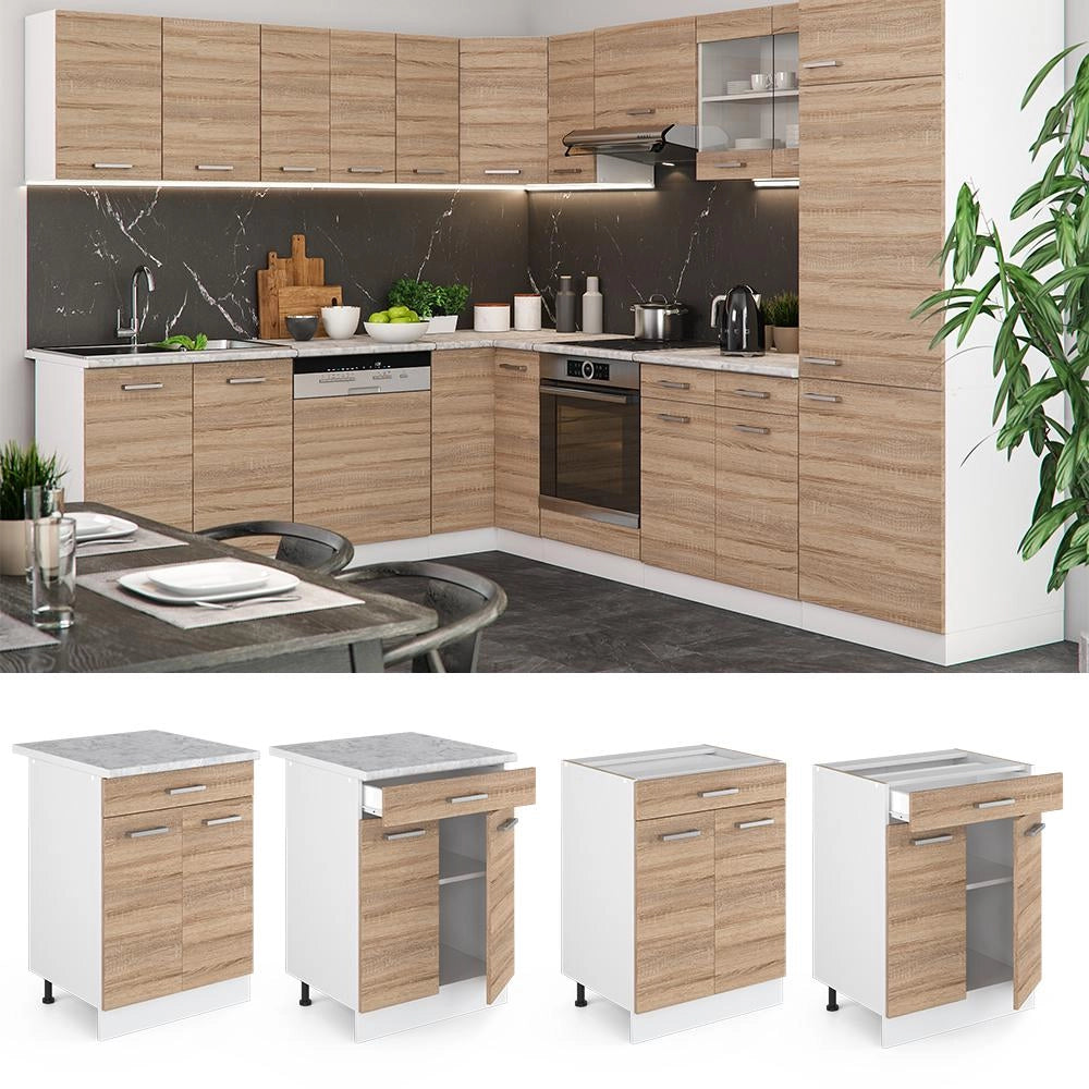 Mobiletto base per cucina R-Line Sonoma/Bianco 60 cm con cassetto, senza piano di lavoro Vicco