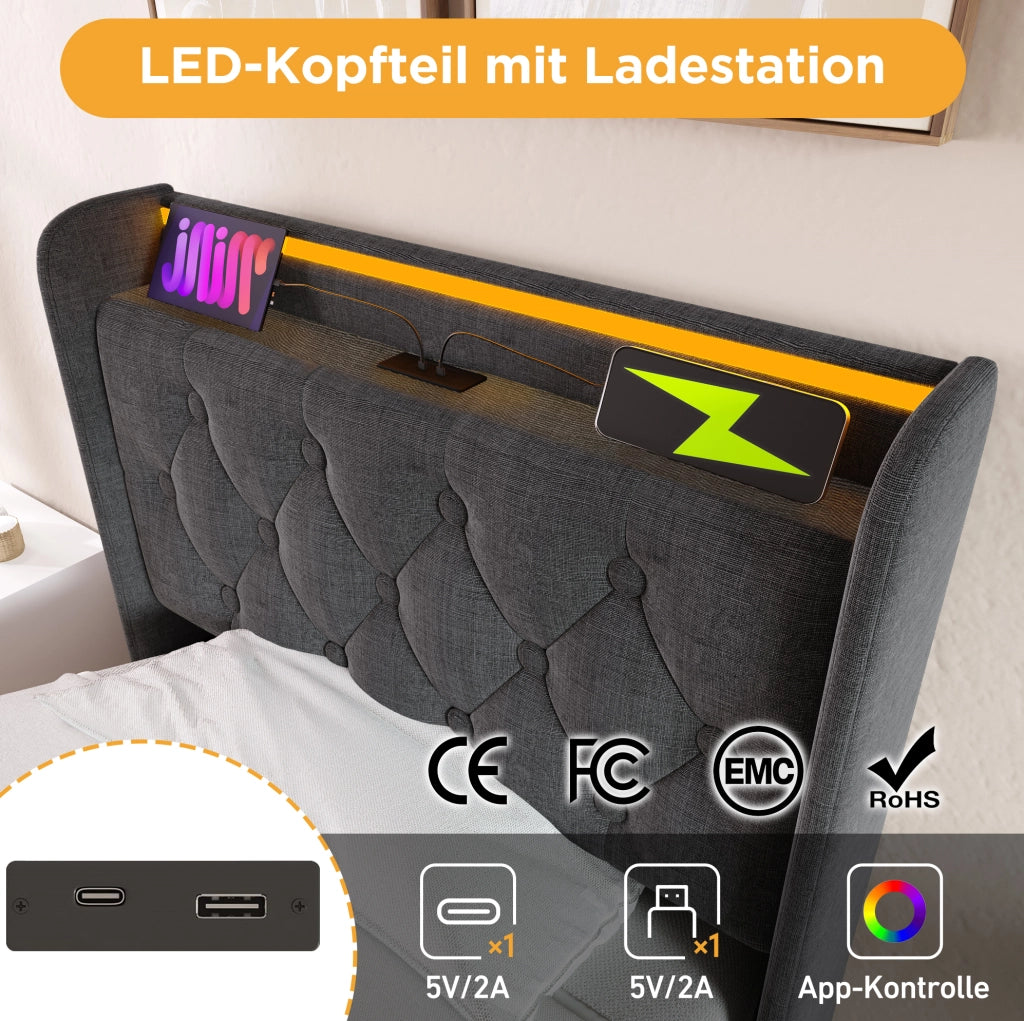 Letto singolo contenitore LED 90x200 cm grigio con USB-C