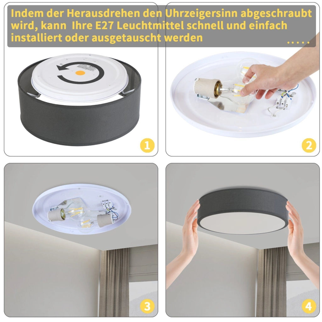 ZMH Lampada da soffitto rotonda in tessuto 38 cm con attacco E27 per illuminazione interna