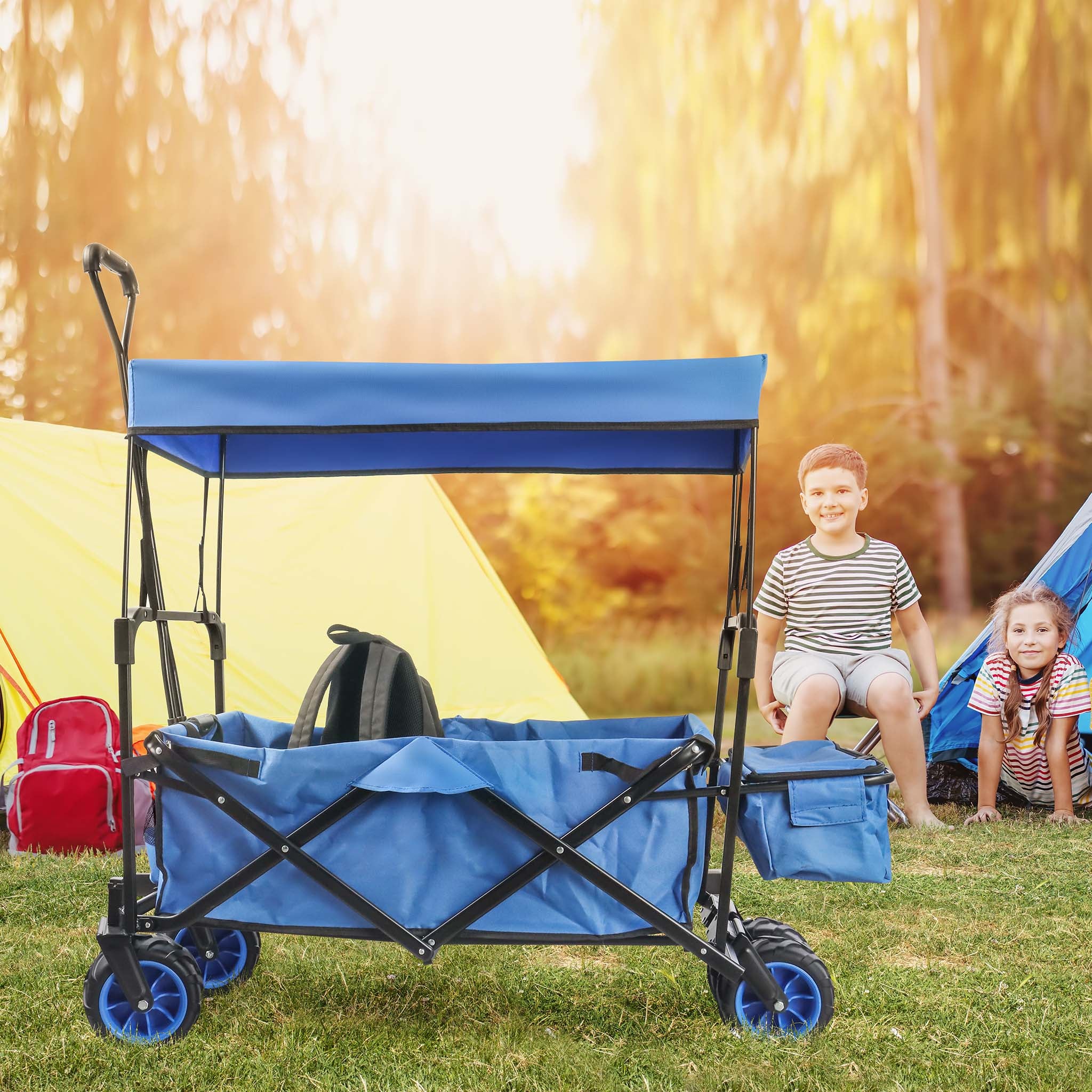 Carretto a mano pieghevole, max 70 kg, tessuto impermeabile blu, Carrello spiaggia con parasole