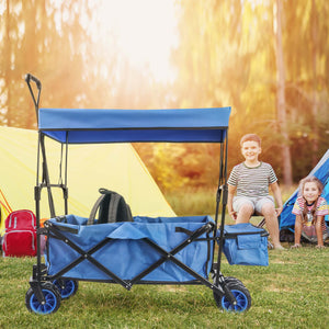Carretto a mano pieghevole, max 70 kg, tessuto impermeabile blu, Carrello spiaggia con parasole