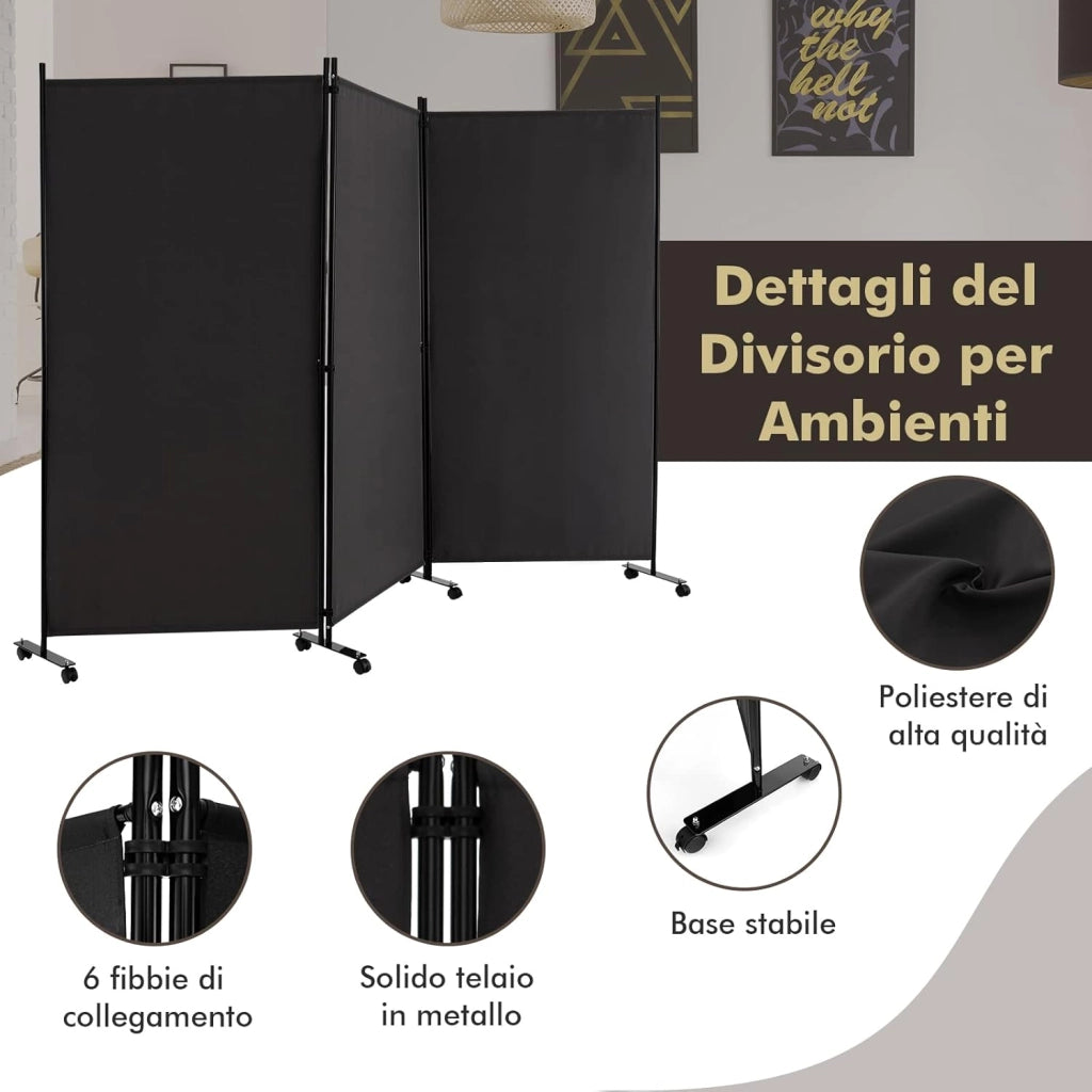 Paravento da Interno in Metallo, Separé Divisorio Interno Pieghevole con Piedini Stabili, Pannelli Divisori per Interni per Casa e Ufficio (Nero, 262 x 180 cm (3 Pannelli con ruote))