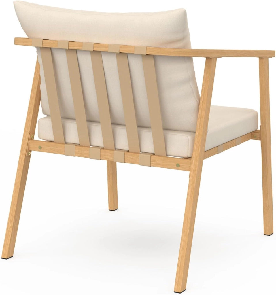 Set di mobili da Giardino Bassi Malta, 4 posti, Struttura in Metallo Effetto Legno, Strisce e Cuscini Beige