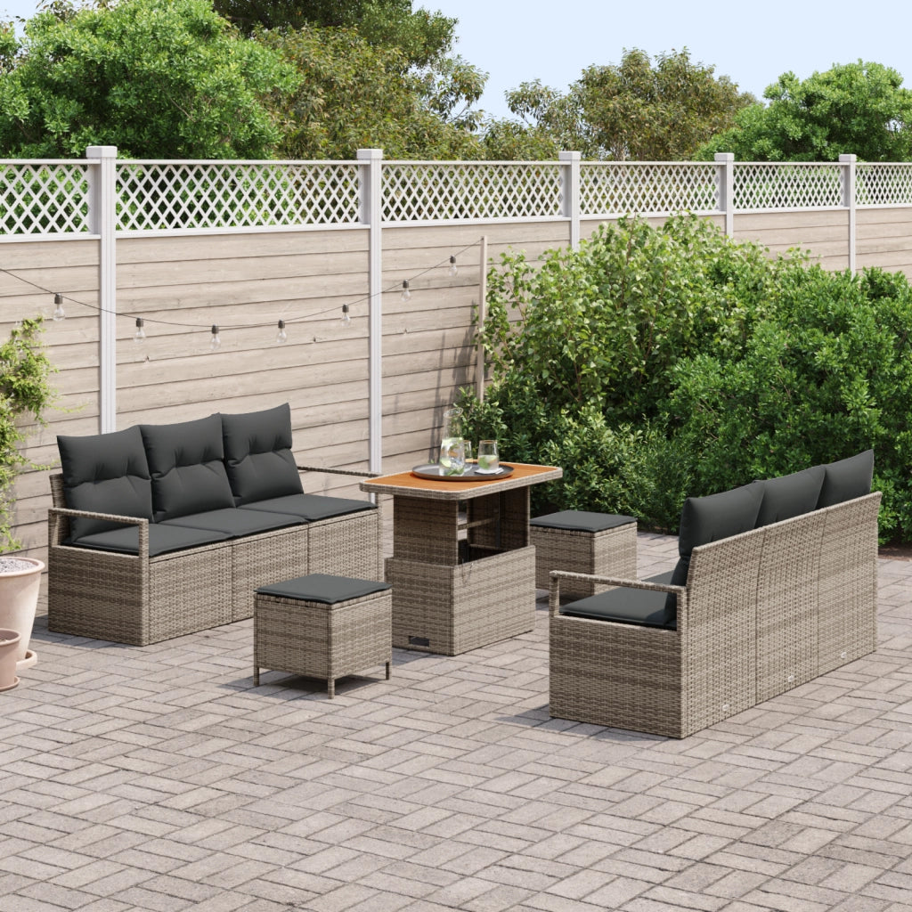 Set Divano Giardino 9 Pezzi con Cuscini Grigio Polyrattan Acacia