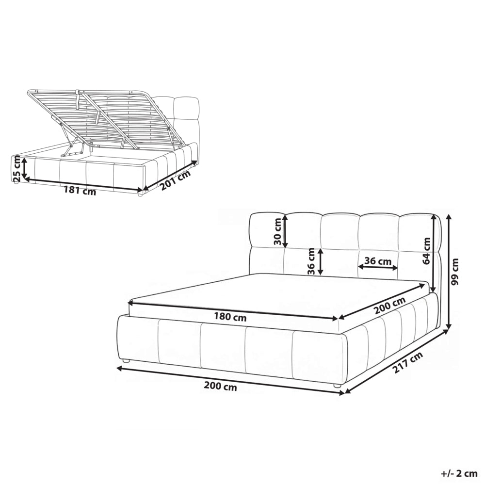 Letto matrimoniale imbottito con struttura a molle a sollevamento trapuntata 180 x 200 beige chiaro con contenitore a molle sollevabile