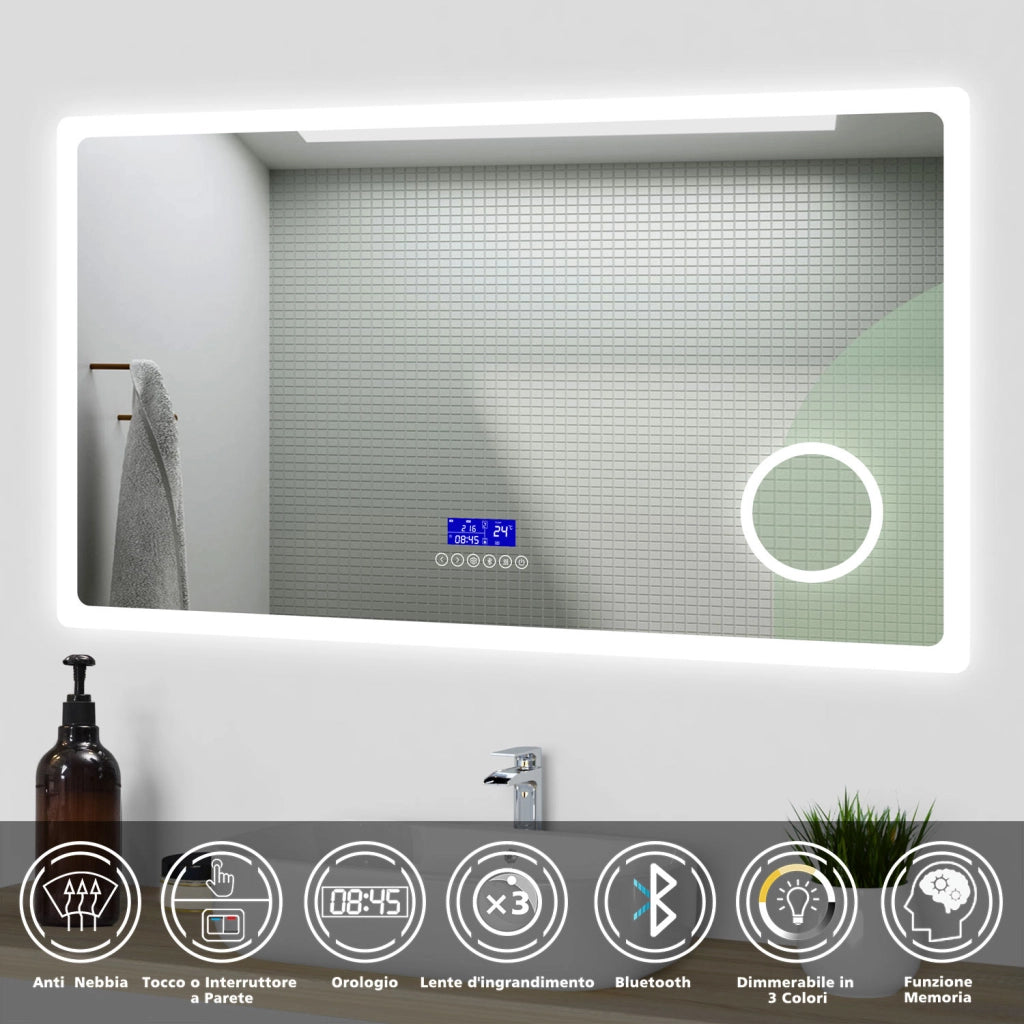 Aica Specchio da bagno a LED+140x80cm+Bluetooth+Lente d'ingrandimento