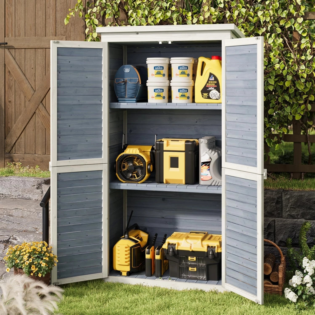 Armadio da Giardino in Legno 160 cm, Resistente agli Agenti Atmosferici con Tetto Inclinato e Dispositivo Bloccabile, Armadio per Attrezzi Esterno 47x87x160 cm Grigio (Grigio)