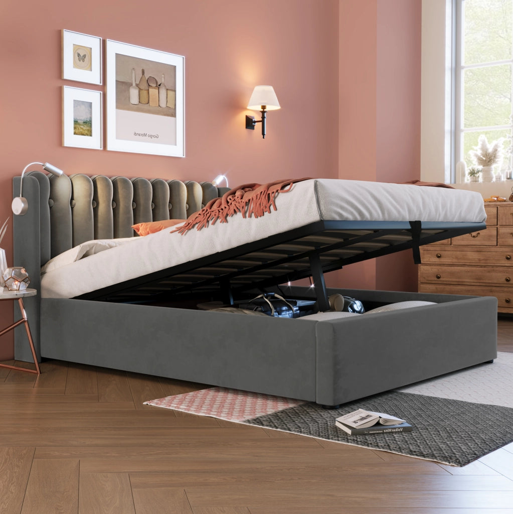 Letto matrimoniale 140x200 cm in velluto grigio con luce da lettura e doppia porta USB