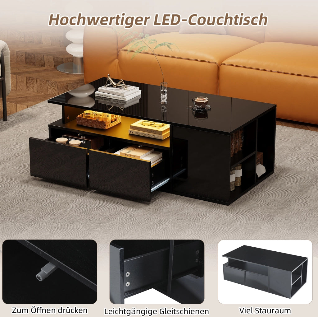 Tavolino da caffè LED nero con 2 cassetti, 100x50x35 cm