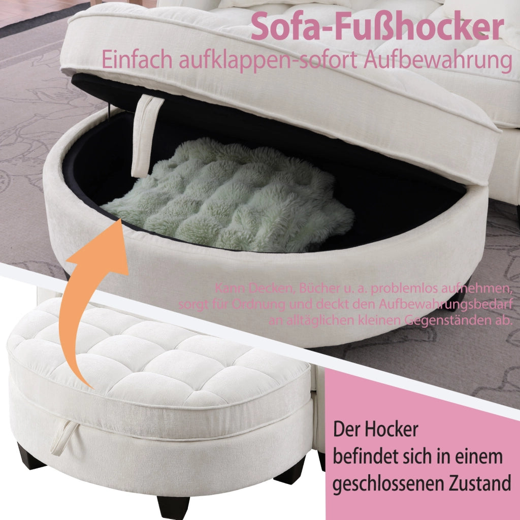 Divano letto 2 in 1 con pouf contenitore; tessuto traspirante; legno di eucalipto; beige 132 Ã— 129 Ã— 93 cm