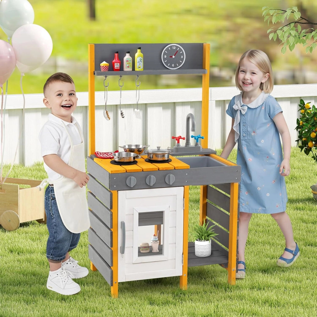 Cucina Giocattolo in Legno, Cucina per Bambini all'Aperto con Fornelli, Lavabo Rimovibile, Rubinetto, Forno, Ganci Appesi e Mensole Portaoggetti, Set di Gioco in Legno per Bambini 3+ Anni