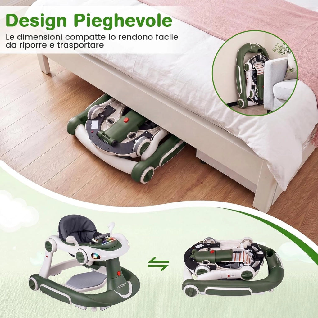Girello per Bambini 6-in-1 Evolutivo, Centro Attività Pieghevole con Maniglia, Regolazione Altezza/Velocità, con Musica, Luci Tenda, per Neonati 6-18 Mesi (Verde+Bianco)