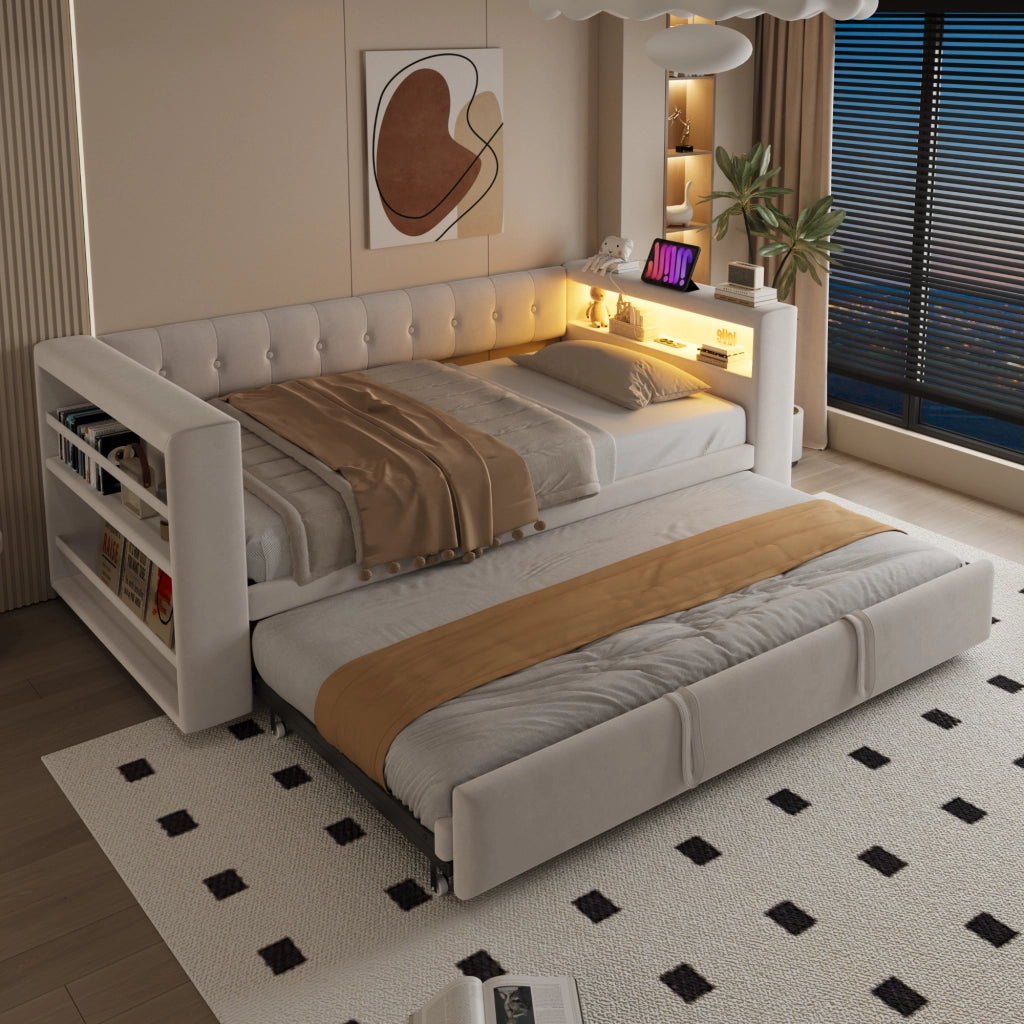 DESMIU Divano letto 90/180 × 190 cm 2 posti con LED, prese e vani portaoggetti, senza materasso, beige