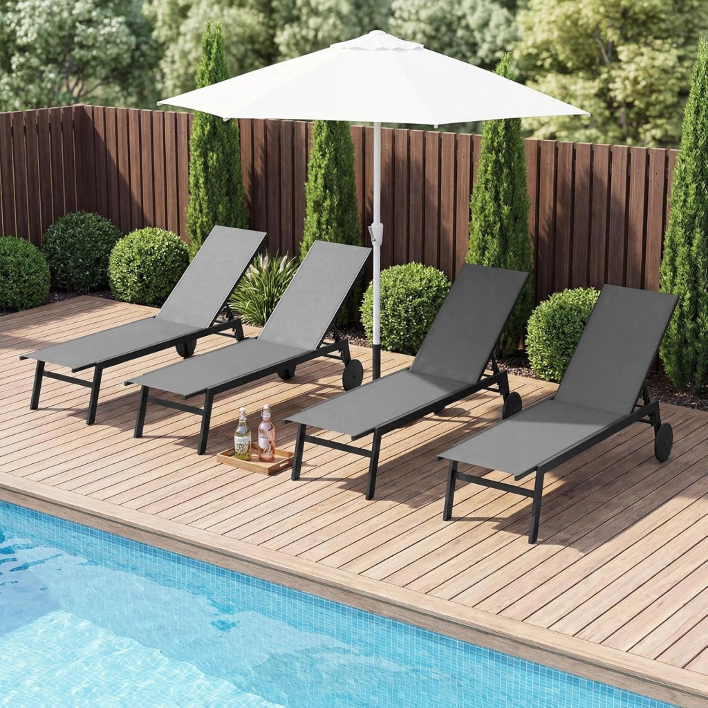 Set di 2 Sdraio da Giardino Reclinabili, Sedia da Abbronzatura Piatta in Metallo Resistente con Schienale 6 Posizioni e Tessuto Traspirante, per Bordo Piscina e Terrazza (Grigio,2)