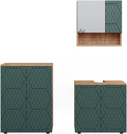 Set mobili bagno Irma, Quercia verde/oro, 3 parti, con unità di base 60 cm, composto da mobile sottolavabo, specchiera e mobile medio