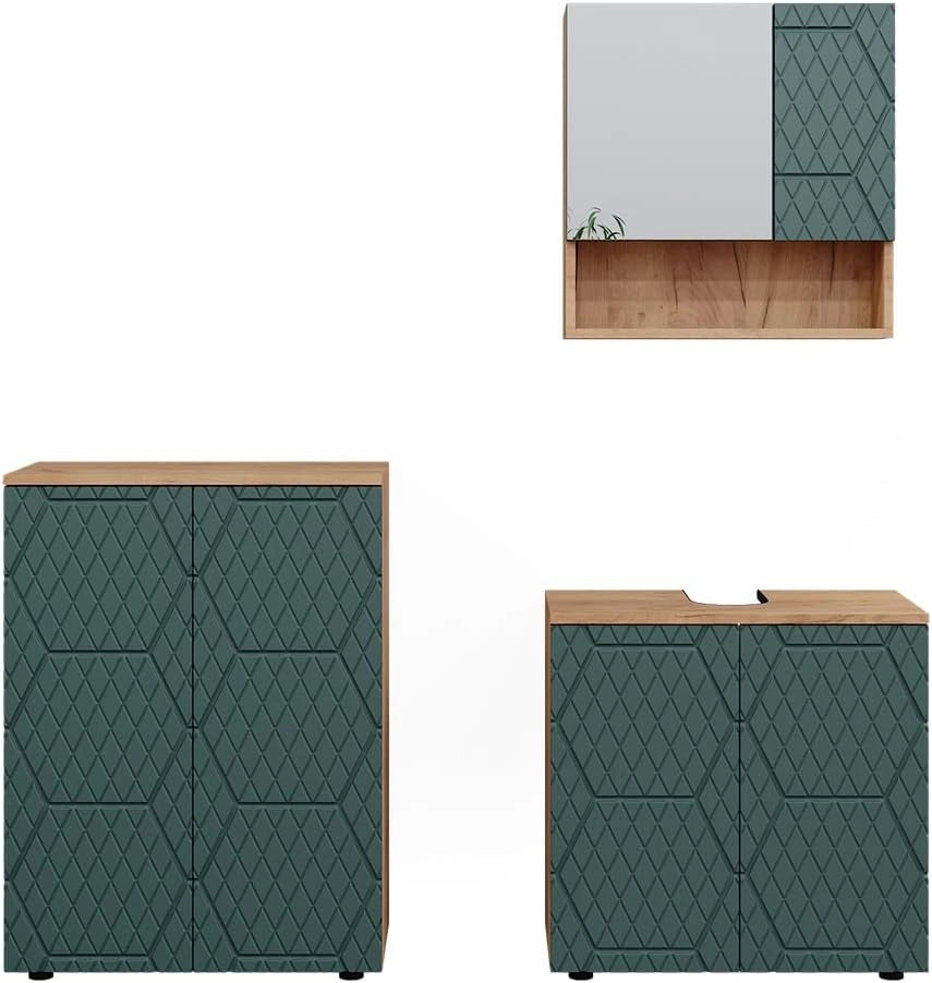 Set mobili bagno Irma, Quercia verde/oro, 3 parti, con unità di base 60 cm, composto da mobile sottolavabo, specchiera e mobile medio