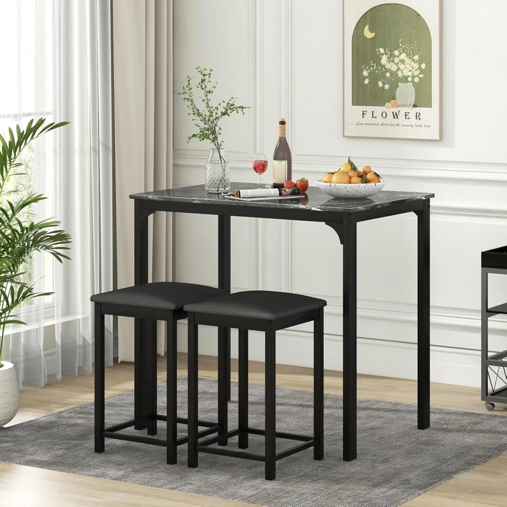 Tavolo alto da cucina e 2 sgabelli, set di 3 pezzi da sala da pranzo per 2 persone, tavolo bar cucina moderno e compatto in finitura finto marmo, mangia in piedi per bistrò, soggiorno