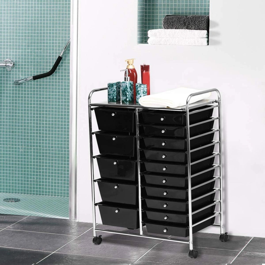 Carrello con 15 Cassetti Impilabili, Carrello di Stoccaggio con Ruote, Carello Portaoggetti per Casa e Ufficio, 62,5 x 37 x 87 cm (Nero)