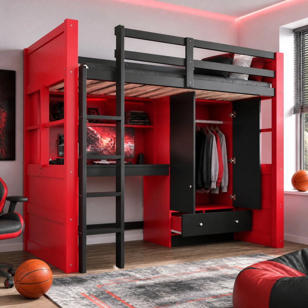 LETTO A CASTELLO 90x200 cm Nero/Rosso con scrivania, armadio e cassetti