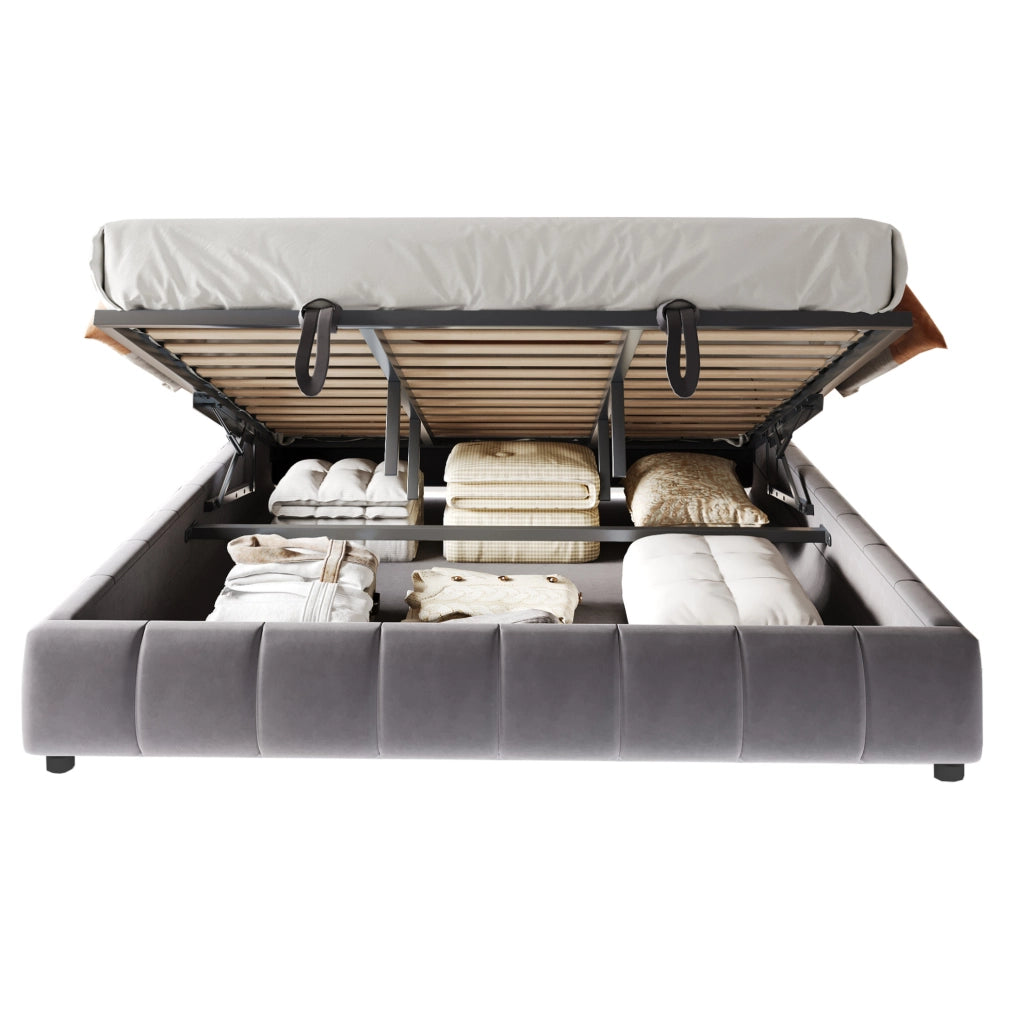 Letto imbottito 180x200 cm grigio con LED e contenitore
