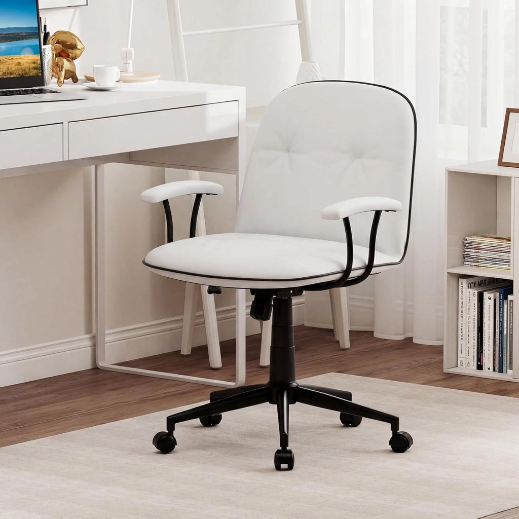 Sedia Ufficio Ergonomica con Altezza Regolabile, Poltrona Scrivania Girevole, Sedia con Braccioli Imbottiti e Ruote, Funzione Dondolo, per Ufficio Scrivania Studio (Bianco)