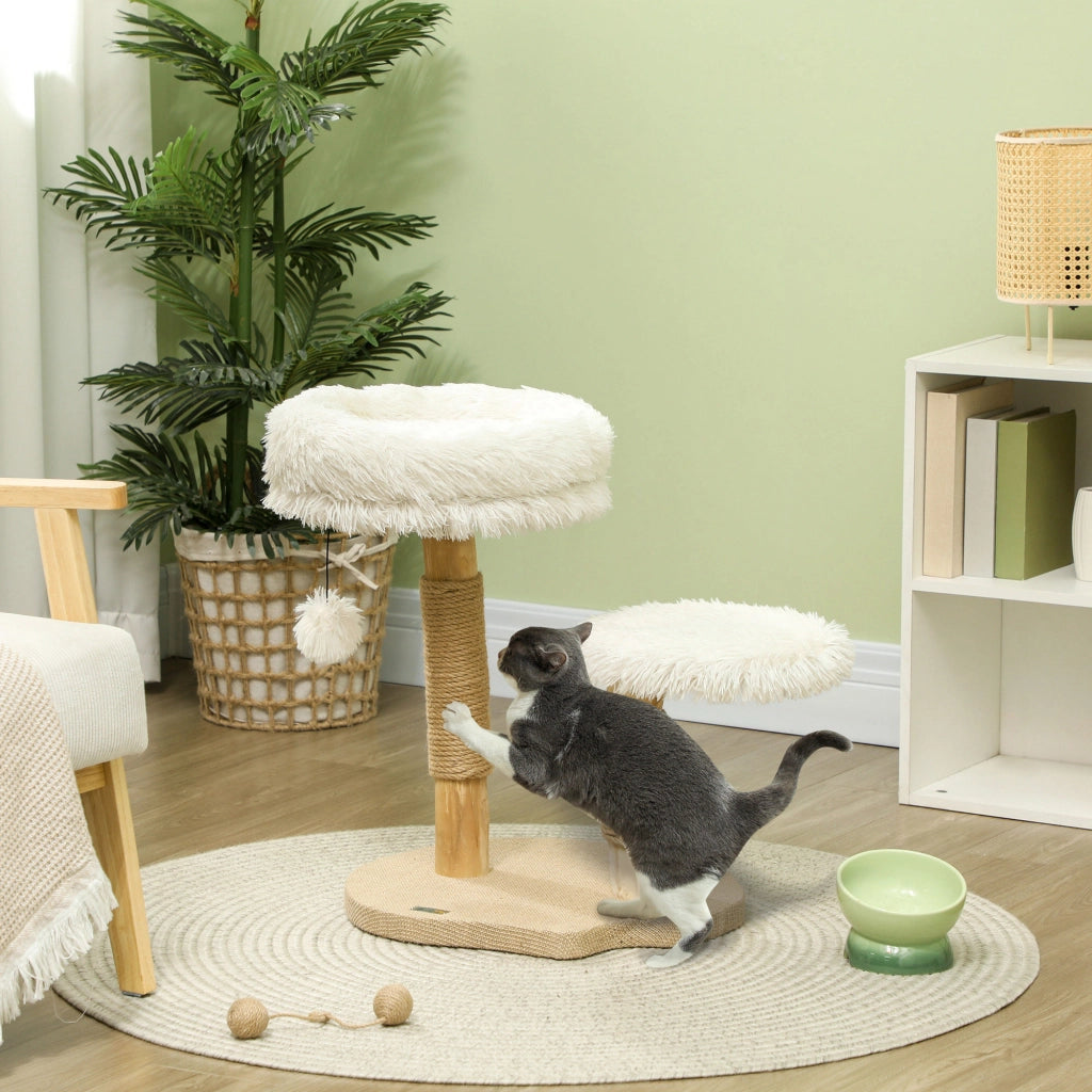 Albero tiragraffi per gatti con lettini e pallina, in legno, bianco, 61,5 cm