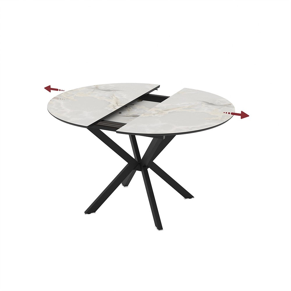 Tavolo rotondo allungabile Diano effetto marmo bianco mola con gambe nere in metallo 110x110x76H
