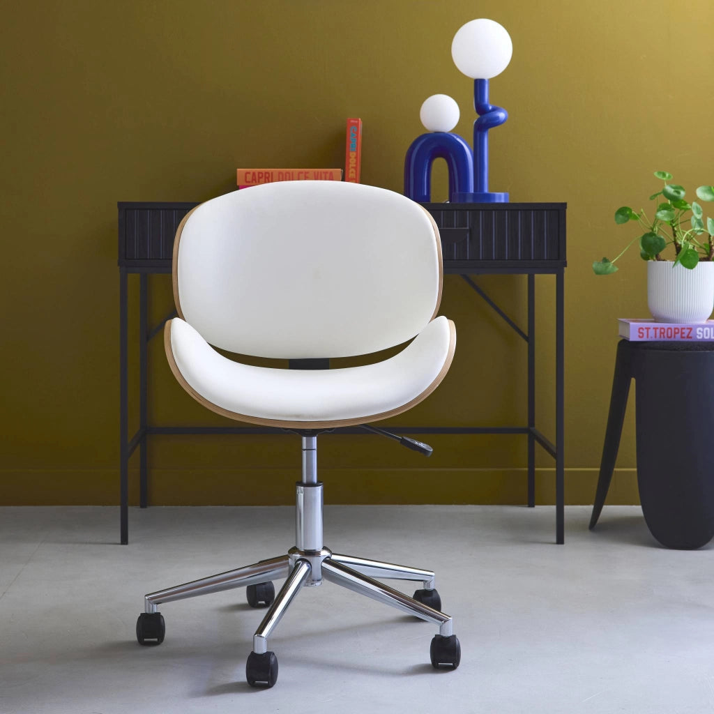Sedia da ufficio con rotelle, effetto legno curvato e similpelle,