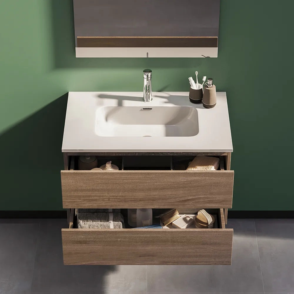 Mobile da bagno sospeso 70 cm rovere scuro con lavabo e specchio | Yili