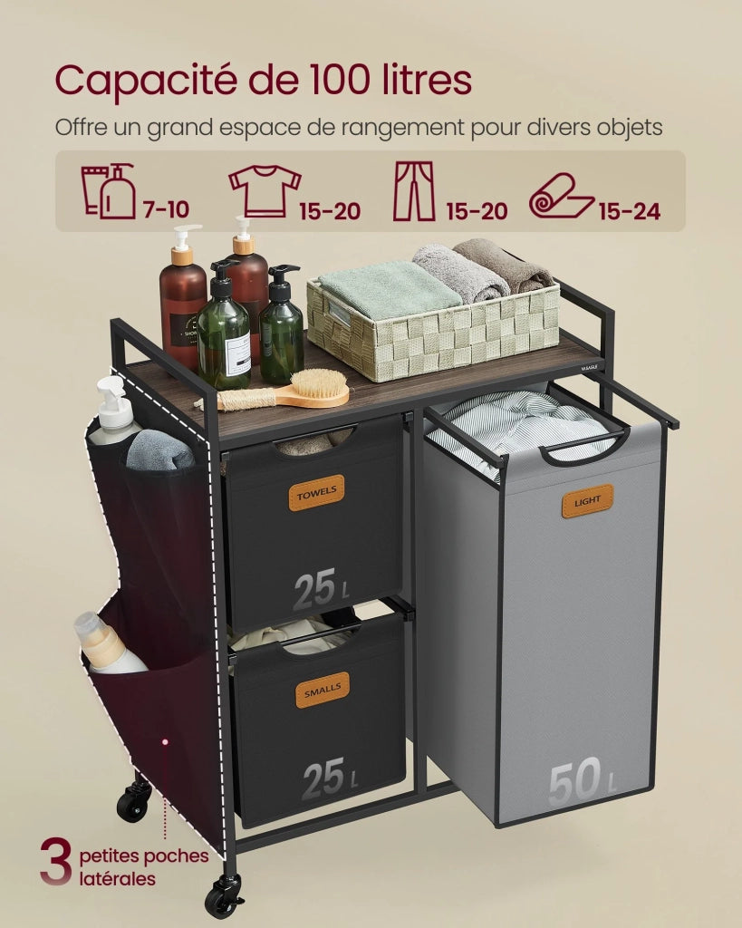 Cesto portabiancheria con 3 scomparti 68,6 x 33 x 80,5 cm capacità 100 litri cestino con ruote carrello con ripiani borsa tasche laterali 6 etichette beige grigio naturale 12_0006656