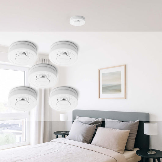 Set 5x Rilevatore di fumo con batteria da 9 V, allarme antincendio con funzione HUSH, sensore antifumo fotoelettrico affidabile con potenza sonora di 85 dB