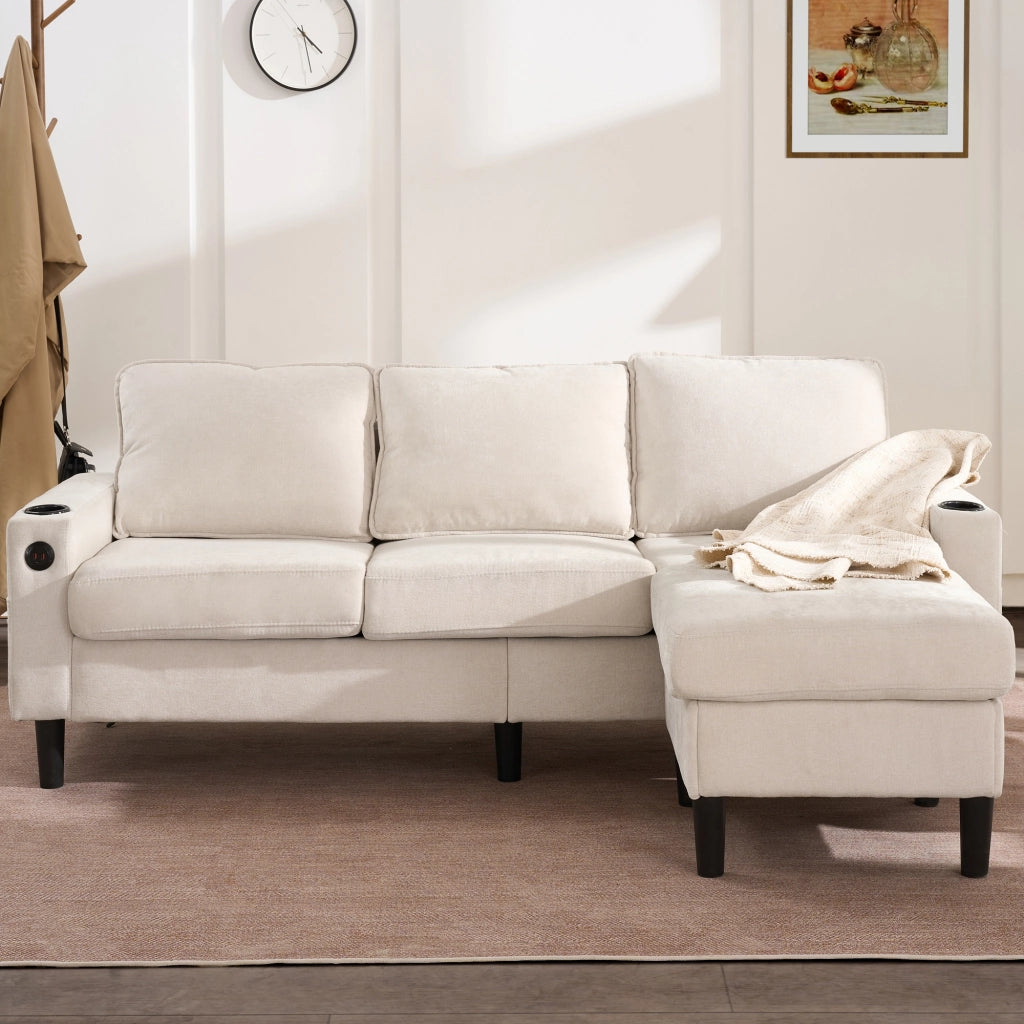 Divano a L beige 3 posti in lino con pouf componibile 202x137x80 cm, prese USB e Type-C integrate
