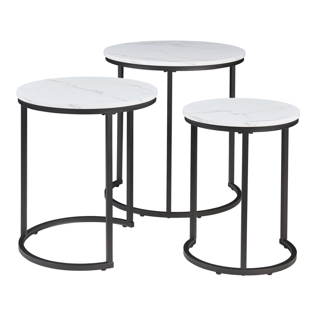 Set Ulricehamn di 3 Tavolini Rotondi Sovrapponibili - Effetto Marmo Bianco [en.casa]