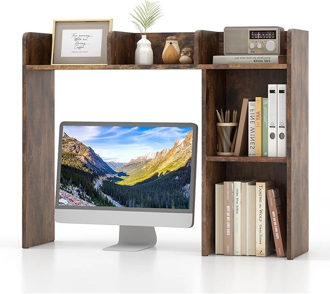 Scaffale da Scrivania in Legno, Libreria da Tavolo Salvaspazio con 4 Ripiani e Scomparto Aperto, Scaffale Espositivo per Computer, Casa Ufficio, 94x25x74 cm (Marrone)