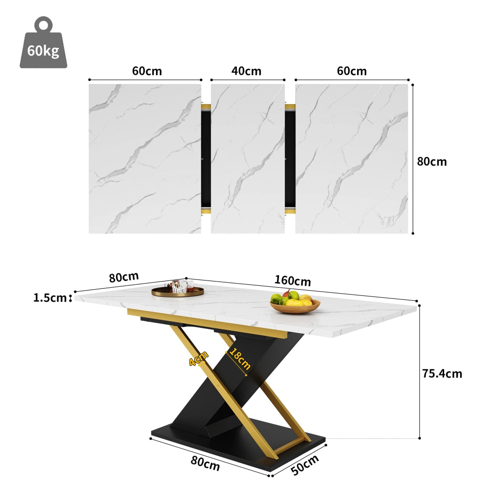 Tavolo da pranzo allungabile in MDF effetto marmo con guide in metallo per cucina e soggiorno nero 120 × 80 × 75,4 cm