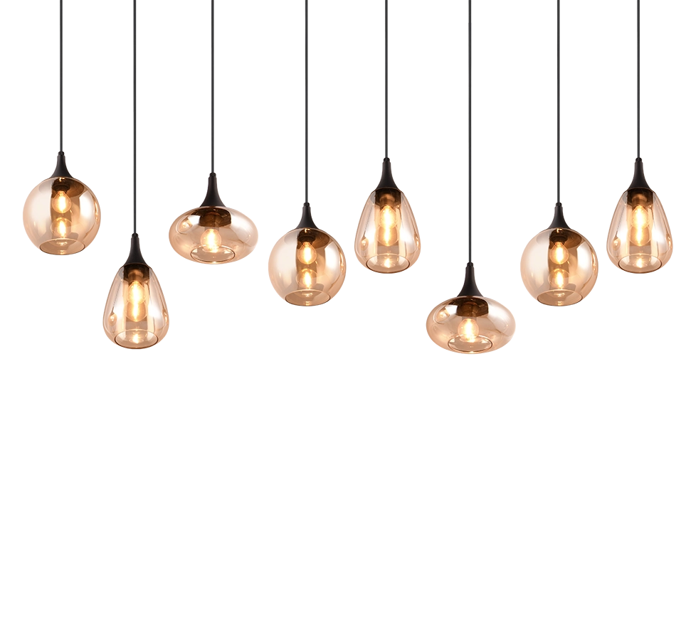 Lampada a sospensione 8 diffusori, vetro, nero e ambra, L 121 cm, Lumina