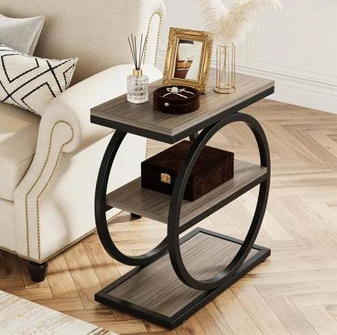 Tavolino laterale a 3 ripiani in MDF e metallo nero e grigio