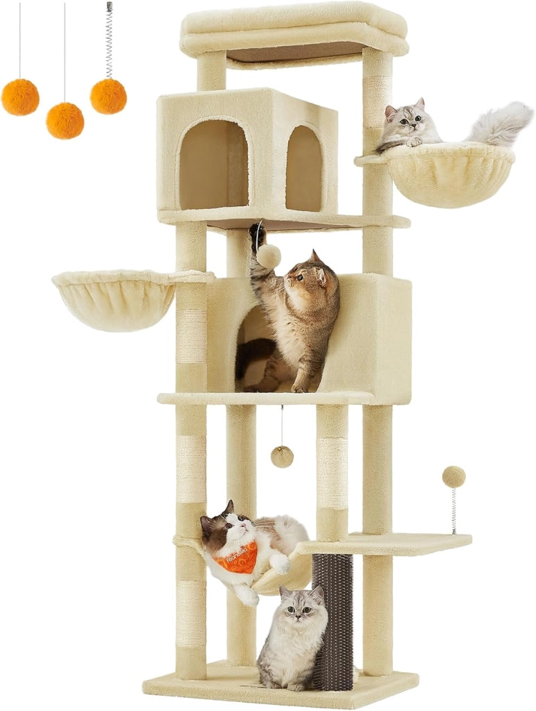 Feandrea Albero per Gatti Grande, Torre Tiragraffi Alto 175 cm, Multilivelli con 2 Grotte, 2 Cestini, 5 Graffiatoi, Autospazzola, Trespolo, Amaca, Beige Sabbia PCT182Y01