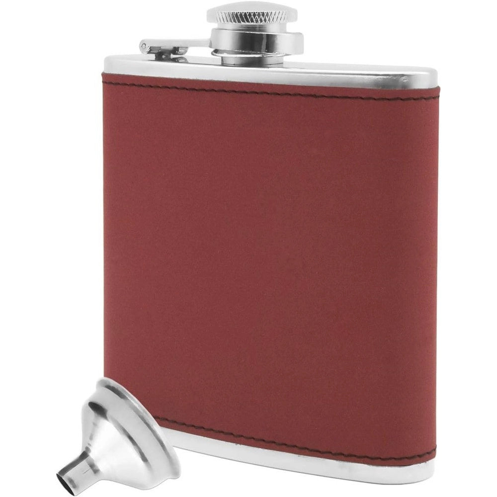 Trade Shop - Fiaschetta In Acciaio Inox Design In Pelle Con Imbuto Idea Regalo 175 Ml Rosso -