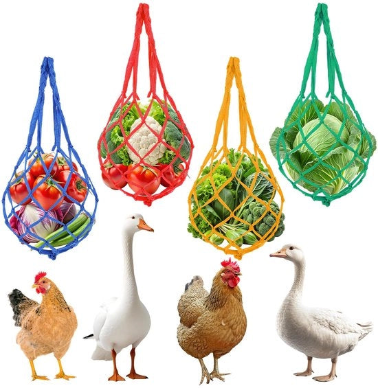 4 pezzi di rete alimentare per polli da appendere, alimentatore automatico per polli, reti alimentari in nylon, verdure e frutta per polli, accessori di gioco pratici per anatre, oche, uccelli.