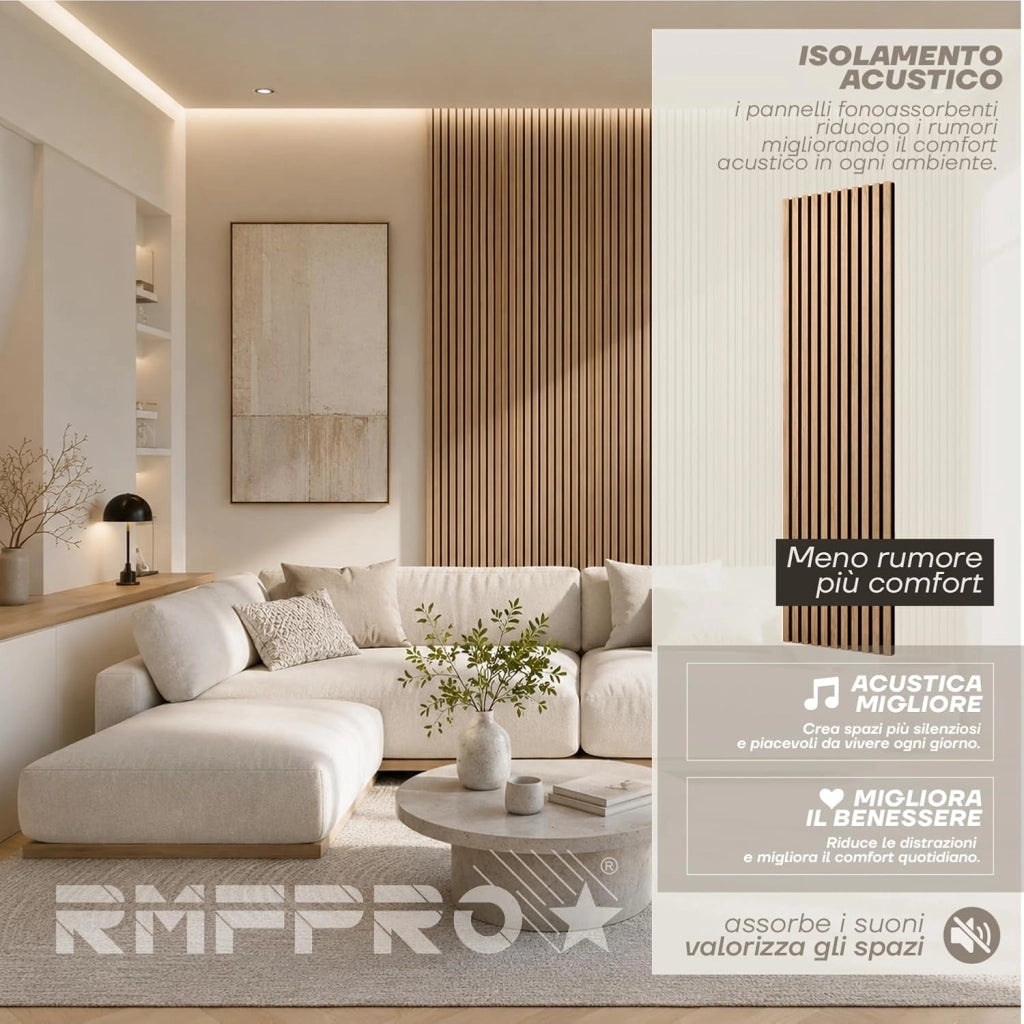 RMF PRO Set 2 Pannelli Decorativi Parete Legno Teak Fonoassorbenti 240x60 cm (2,88 m²) – Rivestimento Acustico a Listelli MDF per Casa, Soggiorno e Ufficio