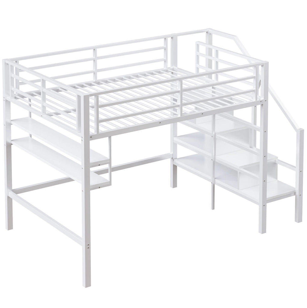 Letto a castello 140x200 cm con scaffali e scala contenitore; metallo; bianco (Senza materasso)