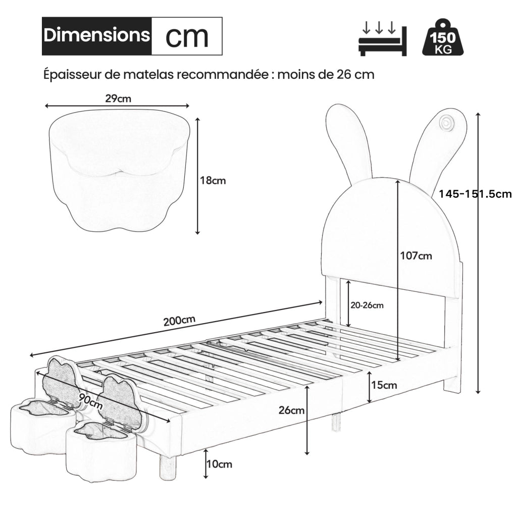 Letto Singolo 90x200 cm; con 2 bauli; LED e orecchie pieghevoli - in velluto rosa