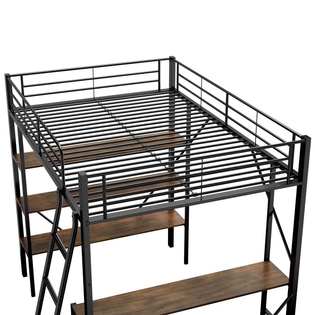Letto a Soppalco Letto Singolo con Scrivania; 3 Ripiani e Scala 90×200 cm; senza Materasso; Metallo Nero