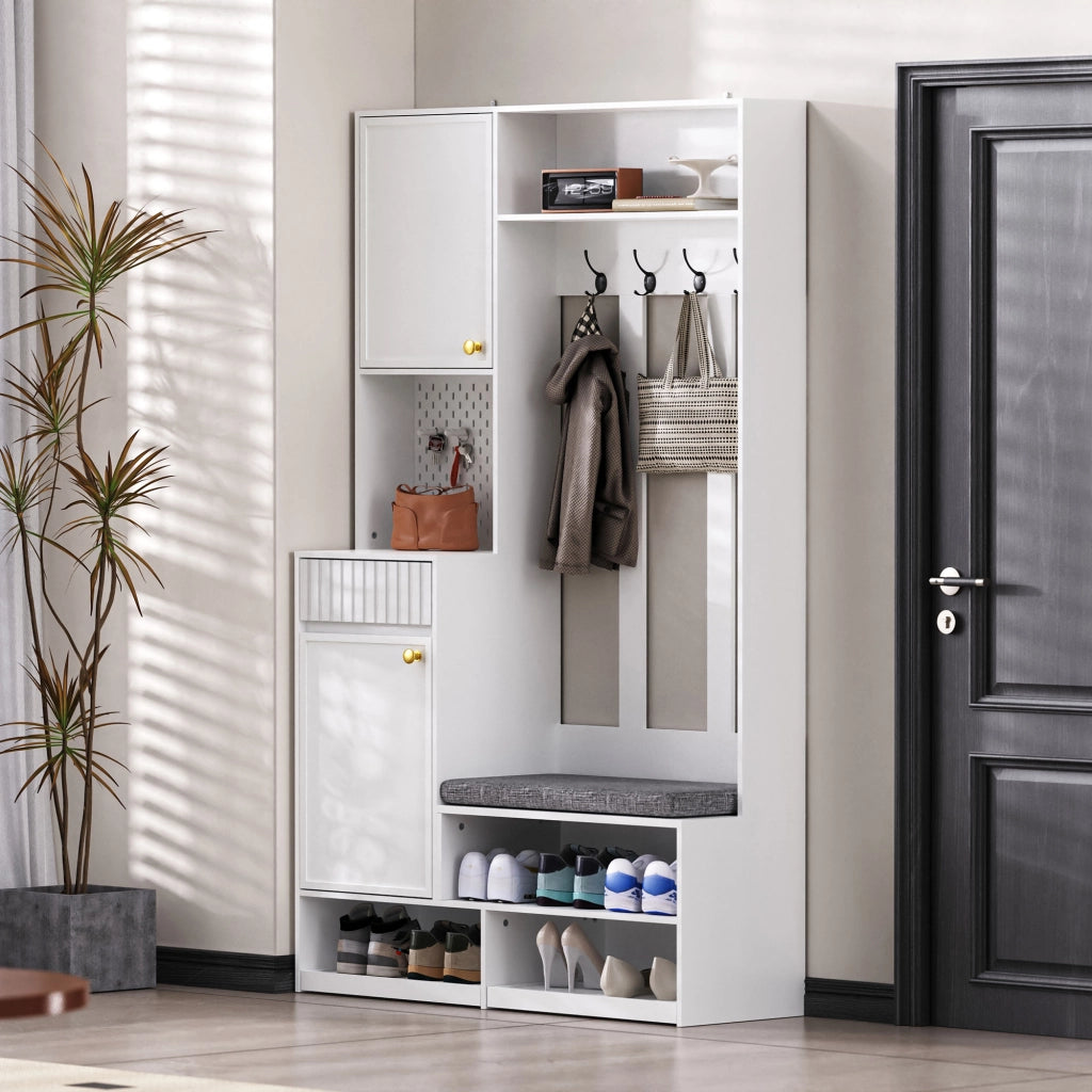 Mobile d'Ingresso con Panca Imbottita; 4 Ganci; Armadio; Pannello Forato e 2 Cassetti; in MDF; 100??35??180 cm; Bianco