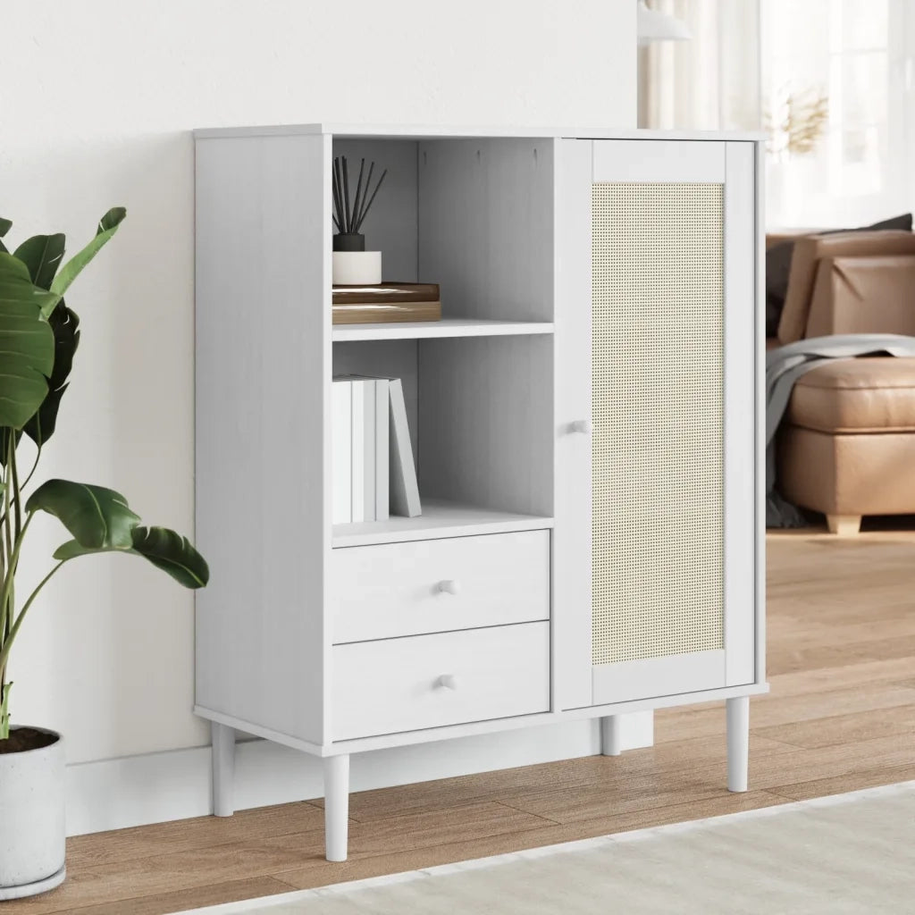 Credenza | Madia | Buffet da pranzo | Armadio da pranzo SENJA Aspetto Rattan Bianco 90x40x112cm Massello Pino