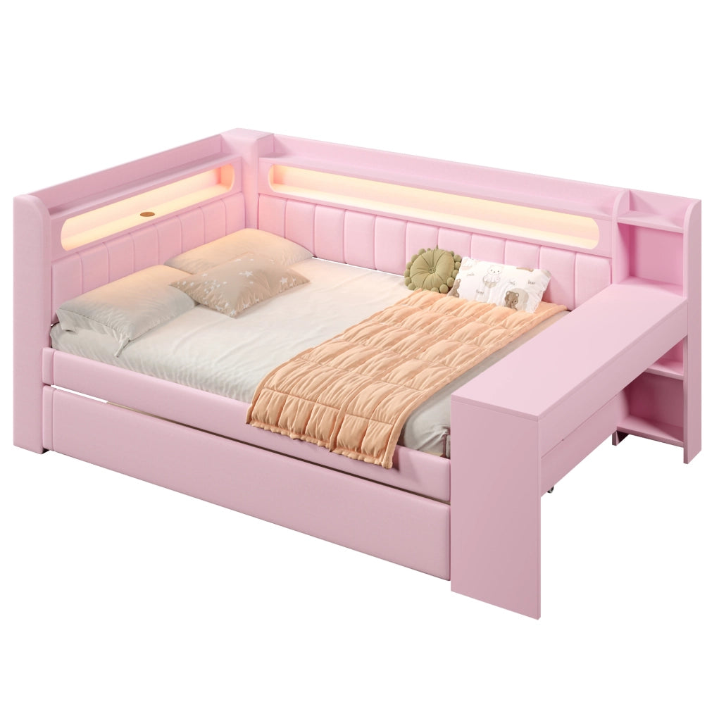 Letto imbottito 140x200 cm con LED; USB; letto estraibile e scrivania in lino rosa