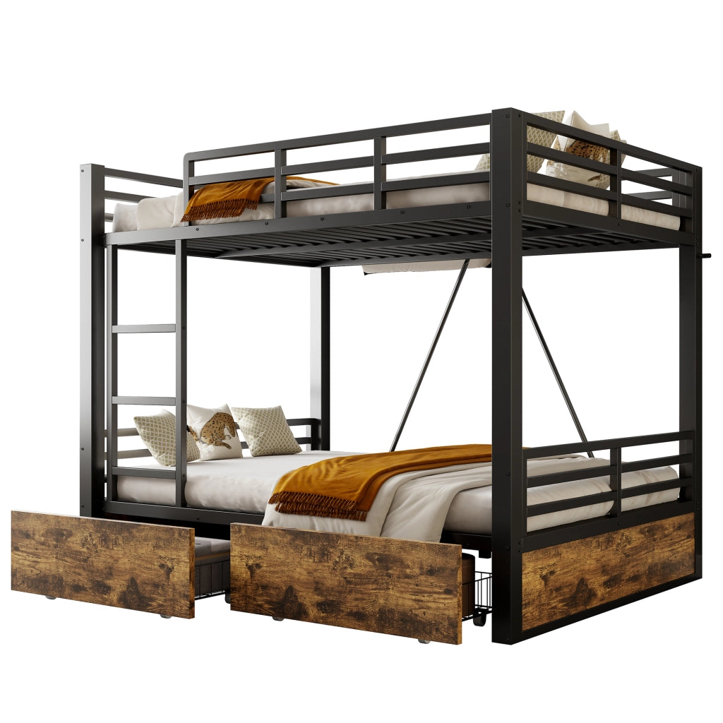 Letto a Castello in Metallo 140x200 cm con Cassetti, Scala e Sponde di Sicurezza, Nero