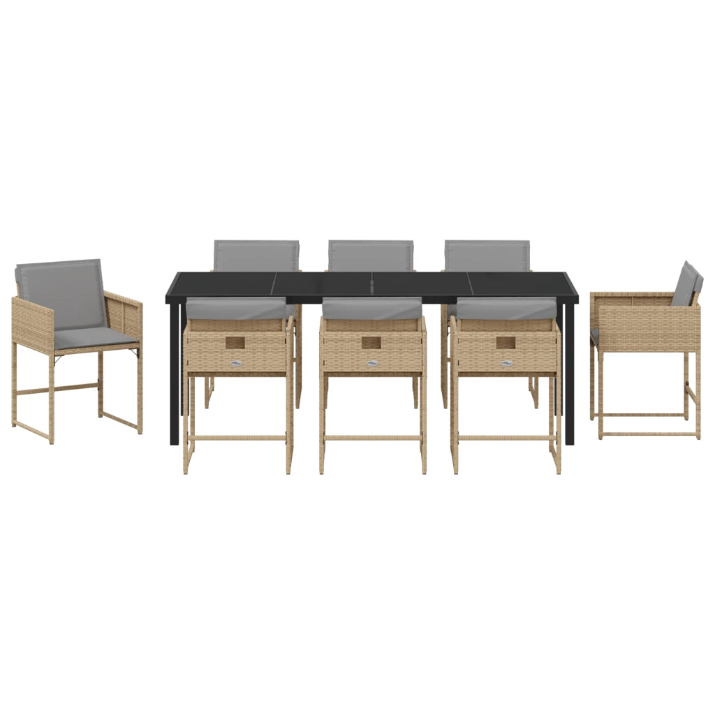 Set pranzo giardino 9 pezzi con cuscini polyrattan beige