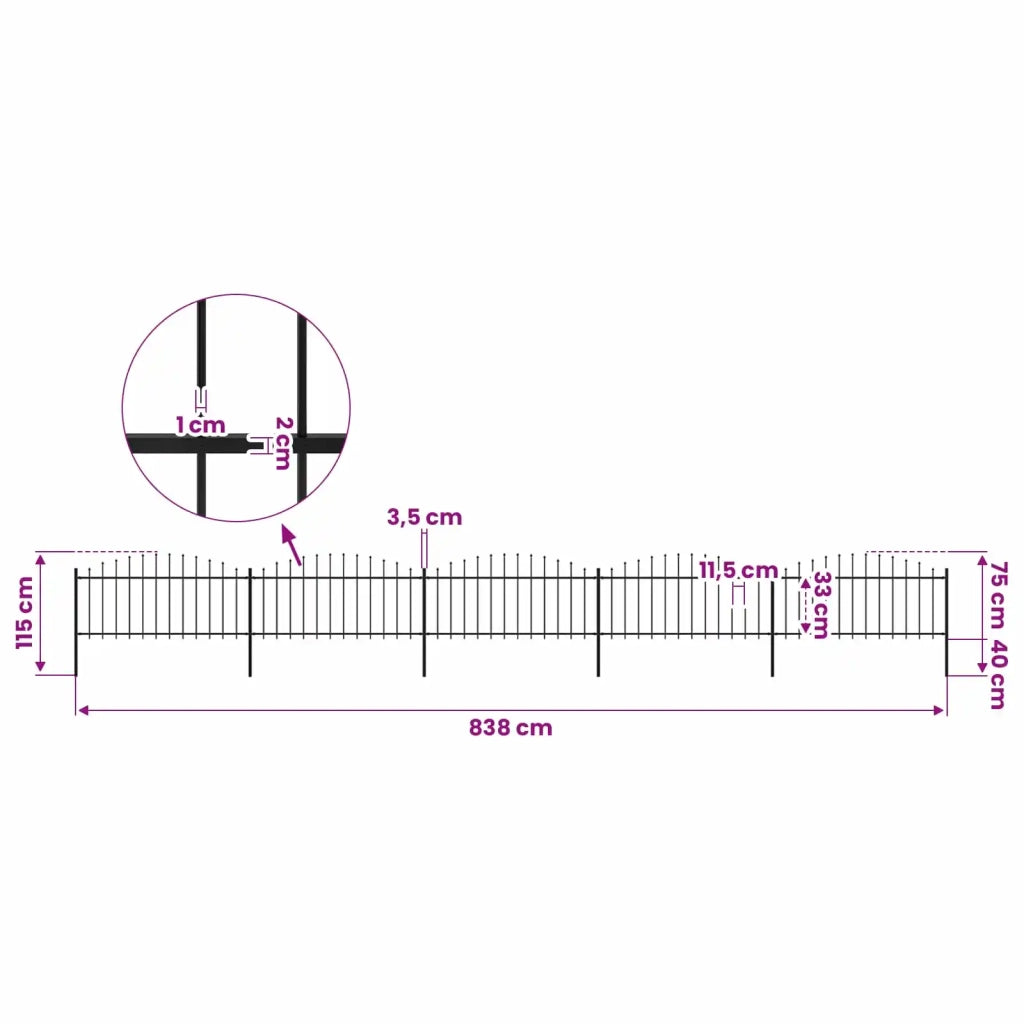 Recinzione da Giardino con Punta a Lancia in Acciaio 838x75 cm Nero 277707